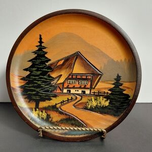 Vintage Wooden German Folk Art Hand Painted DecorativePlate